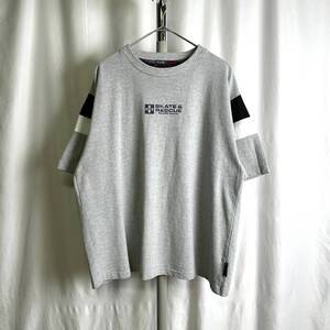 00s PLUGG ACTIVE 鹿の子 プリント Tシャツ L グレー ワイド スケート サーフ SKATE & RESCUE 80s 90s 古着 y2k オールド ビンテージ