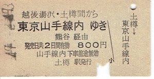 【硬券 乗車券】越後湯沢・土樽 間から東京山手線内ゆき　昭和49年