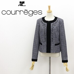 美品◆courreges クレージュ ビジュー装飾 ベロア使い ツイード ノーカラー ジャケット 40