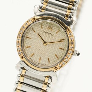 1円 稼働 良品 SEIKO CREDOR セイコー クレドール 5A70-0210 SS×YG 18KT 18金 石付 QZ アイボリー文字盤 レディース 腕時計 0435920240604