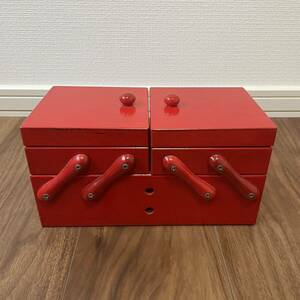 SH13) 昭和レトロ　小物入れ　高さ14cm 裁縫箱　ソーイングBOX 赤　木製 アンティーク 