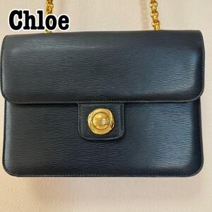 希少 Chloe クロエ レザー チェーン ショルダーバッグ セミショルダー ワンショルダー 肩掛け 2way ネイビー ロゴ金具 クロスボディ