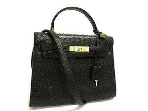 1円 ■極上■本物■極美品■ HIGH CLASS ハイクラス オーストリッチ 2WAY ワンハンドル ハンドバッグ ショルダー ブラック系 BI9381