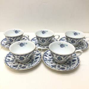 Natural Scene FINE CHINA B.M.NETWORK ナチュラルシーン カップ&ソーサー 5客 コーヒーカップ ティーカップ 花柄 ブルー 金彩 レトロ