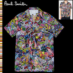 未使用に近い！Lサイズ Paul Smith PSポールスミス ランダムステッカープリント 総柄マルチカラー コットン 半袖シャツ アロハ