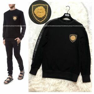 本物 美品 バルマンオム エンブレム サイドレザーライン 胸元ライオンエンブレム 二ット セーター Ｓ 黒 BALMAIN HOMME