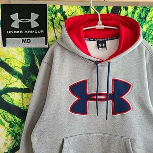 アンダーアーマー UNDER ARMOUR グレー 刺繍 ビッグロゴ MD スウェットパーカー パーカー 裏起毛 筋トレ 野球 トレーニング ウォーキング