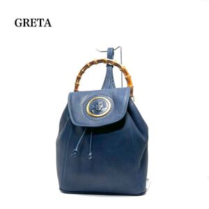 ☆美品☆ GRETA グレタ italy製/シュリンクレザー シボ革/エンボスロゴ/バンブー ハンドル/ リュックサック バックパック