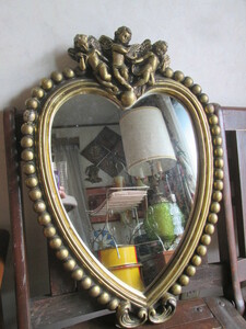 貴重！天使のハート型　壁掛け式ミラー　鏡　USAアメリカアンティーク　/Antique店舗什器ディスプレイシャビーシック50