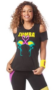 新品　Zumba Happiness ColdShoulder Top ズンバ　肩空き　フラミンゴ柄　Tシャツ　ブラック　黒