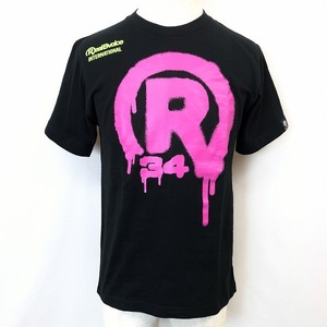 RealBvoice リアルビーボイス S メンズ 半袖Tシャツ カットソー 両面ロゴプリント スプレーアート風 丸首 服 綿100% ブラック×ピンク 黒