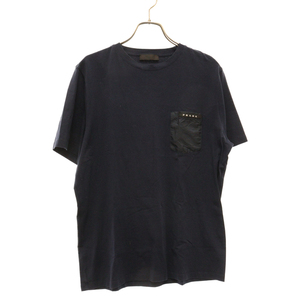 PRADA プラダ 20SS コットン ナイロン切替 ポケットラバーロゴ クルーネック 半袖Tシャツ カットソー ネイビー SJN250 R192 710