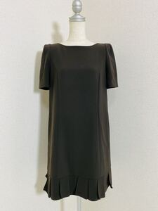 7291.【美品】綺麗め FOXEY NEW YORK バックリボン ジップ 半袖 膝丈 ワンピース ダークブラウン 48サイズ チョコレート