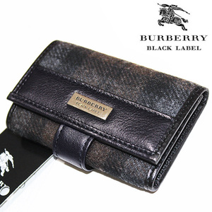 新品・タグ付 バーバリーブラックレーベル ロゴプレート チェック柄 ウール×高級レザー 5連 キーケース茶■BURBERRY BLACK LABEL本革 牛革