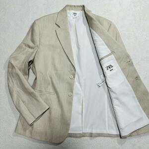 希少XL!ZARA MAN リネン 麻 清涼感◎ テーラード ジャケット サマージャケット ブレザー 2B 背抜き ベージュ 白系 50 春夏 メンズ ザラマン