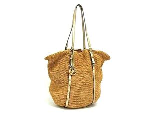 1円 ■美品■ MICHAEL KORS マイケルコース ストロー×レザー かごバッグ トートバッグ ショルダー 肩掛け ブラウン系×ゴールド系 FK0941