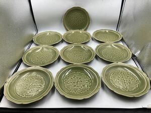 希少　美品　古緑青磁　緑青磁　堀青磁　今回限り　10枚　日本料理　懐石料理　刺身皿　焼物皿　