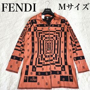 希少 FENDI フェンディ ロゴ ロングカーディガン FF柄 サイドスリット Mサイズ ジャケット ブルゾン 薄手