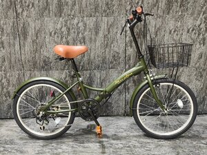 【未使用アウトレット品】フロントバスケット付き20インチ折り畳み自転車Shimano外装6段変速機　カーキ【SK07845】