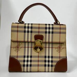 H155 Burberry バーバリー バッグ ノバチェック ブラウン 鍵付き ハンドバッグ 