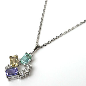 MIKIMOTO ミキモト K18WG ホワイトゴールド ネックレス ダイヤモンド0.18ct タンザナイト アクアマリン 5.4g 40cm レディース 中古