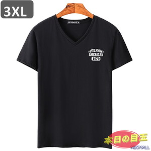 本日のお買得 ☆ Vネック 半袖 Tシャツ【453】 ブラック 3XLサイズ トップス シャツ シンプル イラスト デザイン 春夏