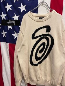 ★トルコ製★STUSSY★ステューシー★CURLY S SWEATER★カーリーS★スワールロゴ★コットンニット★セーター★ナチュラル★白系★L★