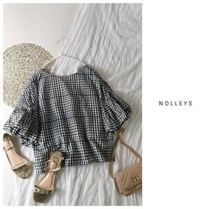 1.1万☆ノーリーズ NOLLEYS☆洗える シルクブレンド ギンガムフリル袖ブラウス 38サイズ☆M-S 2379