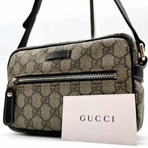 2484【美品】GUCCI グッチ ショルダーバッグ ポシェット ミニ 斜め掛け GGスプリーム ロゴプレート 型押し ゴールド金具 PVC レザー 本革