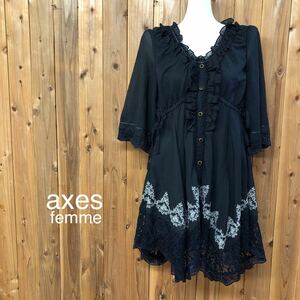 【未使用】axes femme＊アクシーズファム レディースM 裾刺繍イレヘムブラウスチュニック 前開きボタン トップス 七分袖 黒 ガーリー