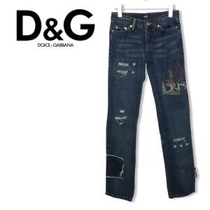 ☆D&G ディー＆ジー ドルチェ&ガッバーナ☆Y2K ヴィンテージ ユニセックス プリント レザーパッチ デニム パンツ size 38 管:E:10