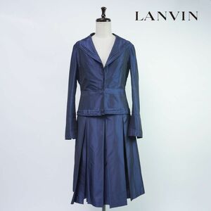 美品 LANVIN collection ランバン シルク混 光沢 セットアップジャケットスカート プリーツ レディース 紺 ネイビー サイズ38*SC51