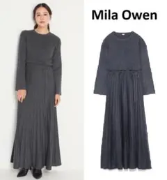 ミラ オーウェン Mila Owen ウエストリボンプリーツニットワンピース