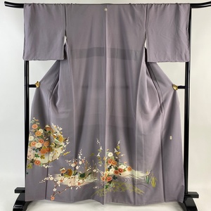 色留袖 身丈165.5cm 裄丈68.5cm L 袷 落款 鴛鴦 菊 金糸 金彩 薄紫 正絹 名品 一つ紋 【中古】