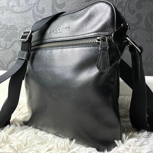 美品◎COACH ショルダーバッグ メンズ フライト ヒューストン レザー 斜め掛け ブラック 黒 クロスボディ シボ革 ロゴ型押し コーチ 本革