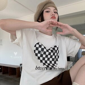 トップス Tシャツ ゆるい ハート チェック柄 韓国ファッション 半袖 M グレー