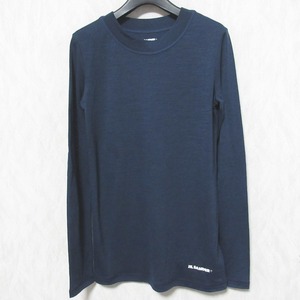 美品 23AW JIL SANDER + ジルサンダープラス ウールブレンド ロゴプリント 長袖 Tシャツ カットソー J40GC0022 J70021 M ネイビー