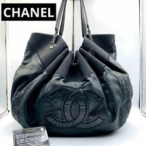 【希少】シャネル CHANEL 巾着トートバッグ チェーンショルダーバッグ デカココマーク 本革レザー ラムスキン 黒ブラック レディース 