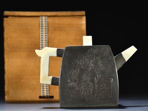 ■大成美術■錫胎彫刻 清供図象嵌玉石茶壺 箱付き（検）清時代 急須 煎茶首具 茶壷 唐物 中国美術 骨董 古玩 025