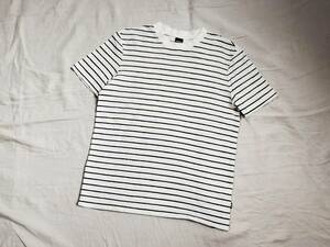 HUGO BOSS ヒューゴボス Tシャツ カットソー ボーダー リネン コットン 半袖 クルーネック ストレッチ L 白 ホワイト △1