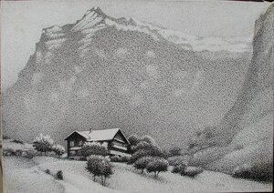 点描の実力作家,齊藤四郎,感動絶景の雪山,約40号パネルにペン,これ程までの点描大作唯一無二,二度と出会えないレベル,成行き