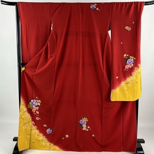 振袖 身丈169cm 裄丈69.5cm L 袷 草花 染め分け ぼかし 赤 正絹 美品 秀品 【中古】