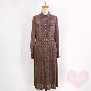 ワンピース 古着 昭和 レトロ 長袖 プリーツ シフォン 花柄 ベルト付き ガーリー ビンテージ ヴィンテージ vintage 70年代 80年代 used