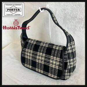 【美品】PORTER × Harris Tweed ポーター ハリスツイード コラボ ショルダーバッグ ハンドバッグ レザー ウール