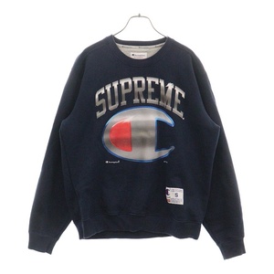 SUPREME シュプリーム 19SS ×Champion Chrome Crewneck クローム ロゴプリント クルーネック 長袖スウェット トレーナー ネイビー