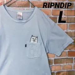 RIPNDIP スケーター ネコ ワンポイント ポケット 半袖 Tシャツ ブルー