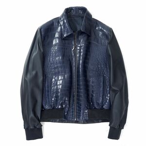 2012173【極美品】ブリオーニ Brioni イタリア製 最高級 ラムスキン×クロコダイルレザー ジャケット ネイビー 56 ハンガー メンズ