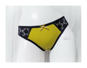 ★新品★ L Tバック ショーツ ブラック×くすみイエロー 暗めイエロー 黄色 レース ドット セクシーランジェリー