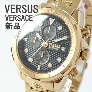 ゴールド/ブラック新品メンズ腕時計クォーツ高級ファッションウォッチVERSUS VERSACE ヴェルサス・ヴェルサーチ 黒クロノグラフ日付 箱付