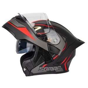 システムヘルメット　SOMAN　バイク用ライダースフルフェイスヘルメット　フリップアップ　UVカット99%　フルヘル　レッドライン　赤灰軌道